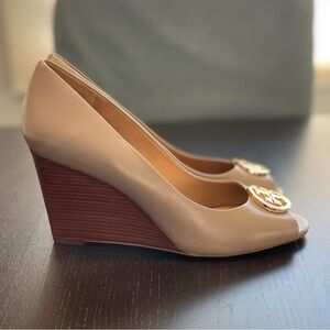 Tory Burch Benton 2 Peep-Toe Wedges in French Gray